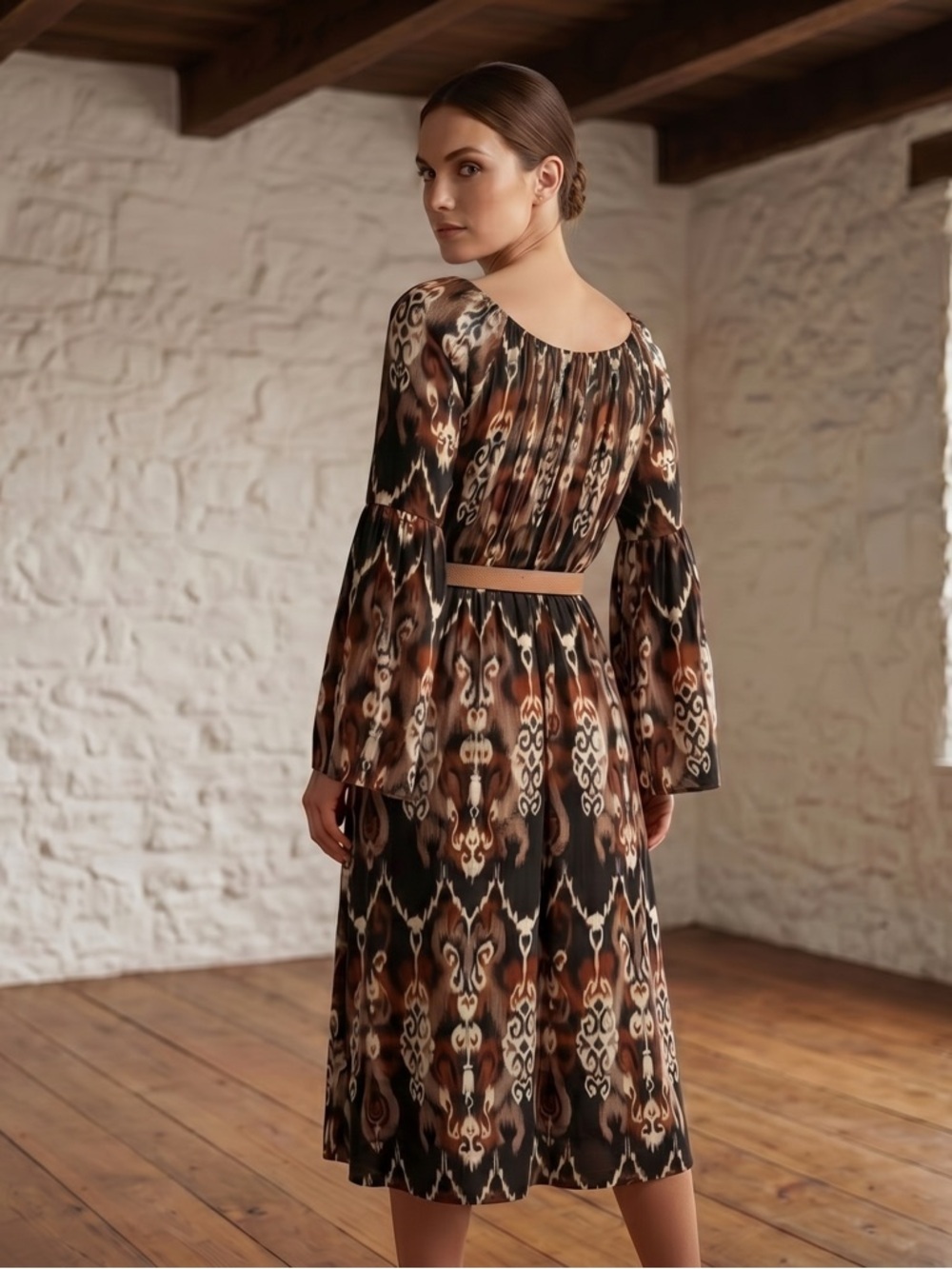 Dear Scarlett Chic Boho Inspired All Over Ikat Style Long Sleeve Patterned Dress - Picture 2 of 9